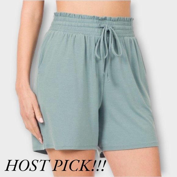 Pants - Women's Drawstring Pull-on Shorts Sage Green Elasticized Waistband